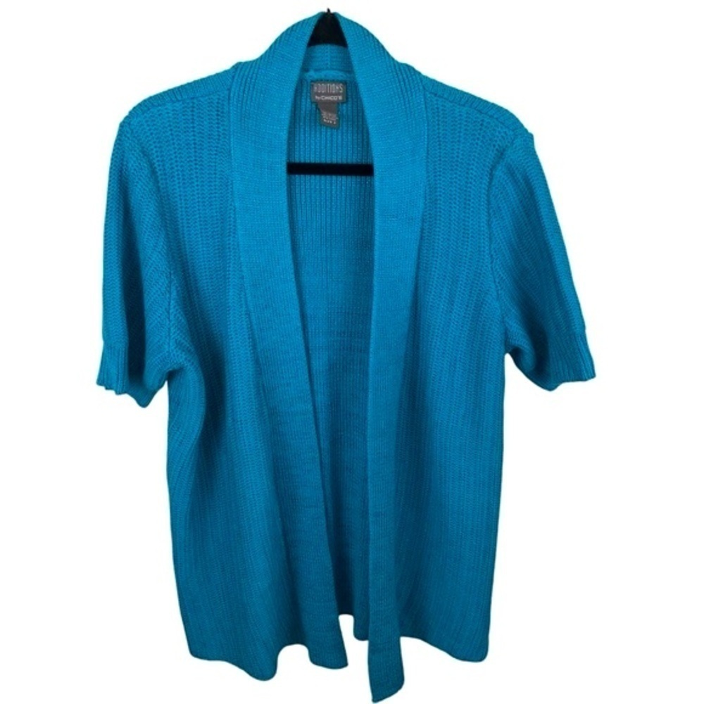 Chico's sz 3 Peacock Blue Cotton Blend Knit Open Short Sleeve Cardigan Sweater